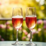 Verre de rosé pétillant avec bulles sur table en terrasse au coucher du soleil