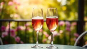 Verre de rosé pétillant avec bulles sur table en terrasse au coucher du soleil