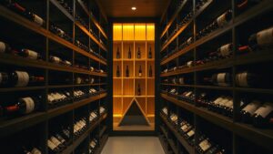 Cave à vin moderne avec bouteilles couchées sur les étagères en bois