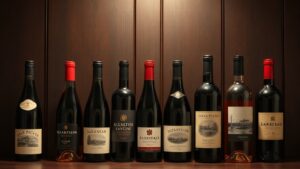 Alignement de bouteilles de vin de différents formats : demi, standard, magnum, jéroboam
