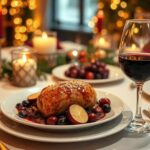 Accords mets-vins pour repas de fête : table dressée avec verre de vin rouge et plats festifs
