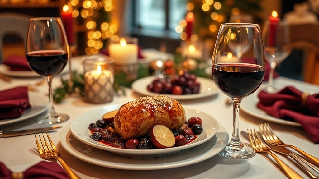 Accords mets-vins pour repas de fête : table dressée avec verre de vin rouge et plats festifs