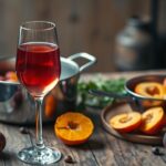 Verre de vin rosé sur table en bois rustique avec fruits et marmite de sangria