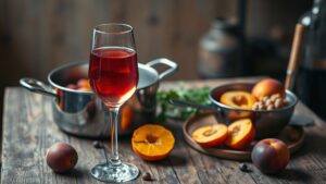 Verre de vin rosé sur table en bois rustique avec fruits et marmite de sangria