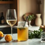 Cuisine avec vin blanc, citron, bouillon et ingrédients de cuisine sur plan de travail