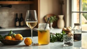 Cuisine avec vin blanc, citron, bouillon et ingrédients de cuisine sur plan de travail
