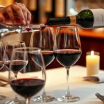 Service du vin : carafe en cristal, verres et sommelier qui verse un vin rouge