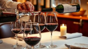 Service du vin : carafe en cristal, verres et sommelier qui verse un vin rouge