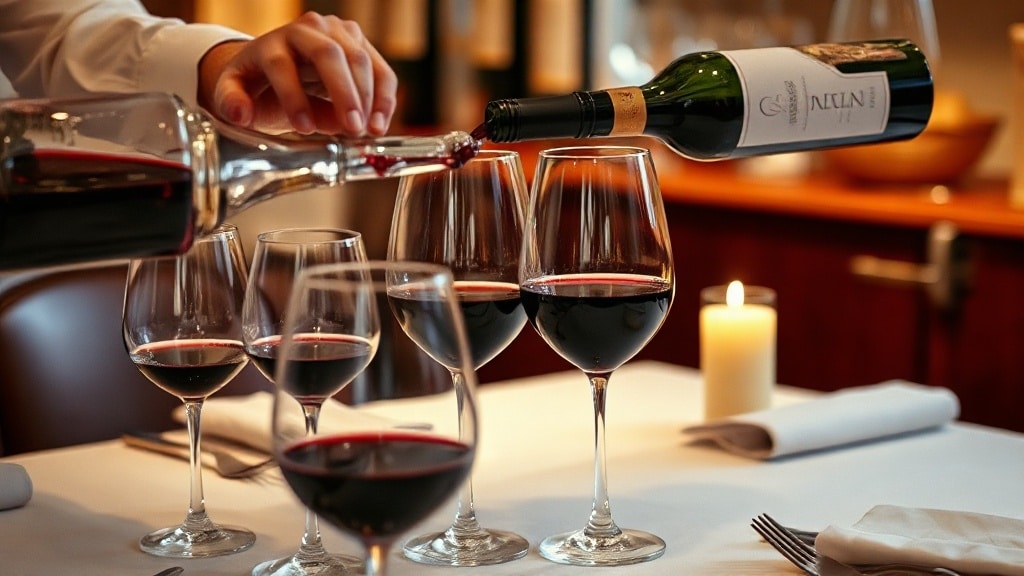 Service du vin : carafe en cristal, verres et sommelier qui verse un vin rouge