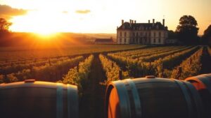 Vignobles du Bordelais avec château à l'horizon et rangs de vignes au coucher du soleil