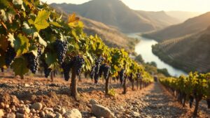 Vignoble en terrasses de la vallée du Rhône avec galets roulés et collines granitiques