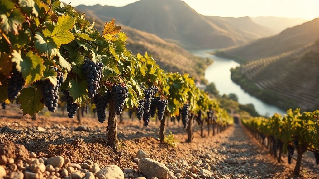 Vignoble en terrasses de la vallée du Rhône avec galets roulés et collines granitiques