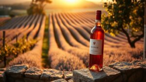 Vignoble de Provence au coucher du soleil avec rangs de vignes et oliviers