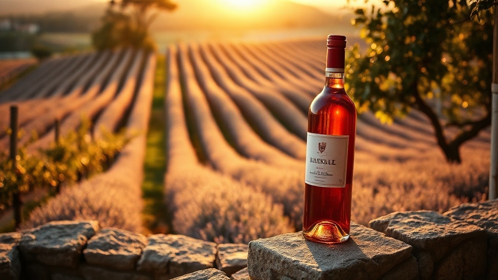 Vignoble de Provence au coucher du soleil avec rangs de vignes et oliviers